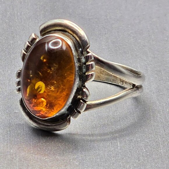 VTG Sterling Silver Amber Ring Size 8.5 Split Shank 3.34g Sliced Accents Poland - Picture 6 of 12